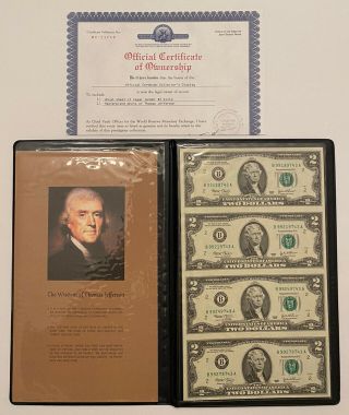 2003 Uncut 2 Dollar Bills Sheet Of 4 W/ Folio W/ Official Certificate Ownership