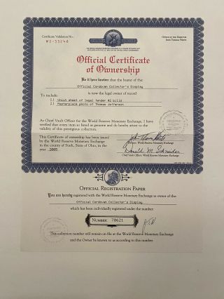 2003 Uncut 2 Dollar Bills Sheet of 4 W/ Folio W/ Official Certificate Ownership 2