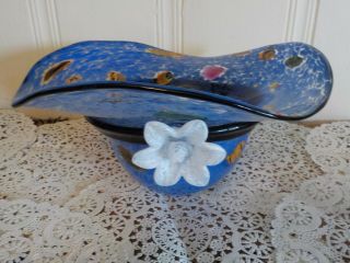 Murano Italy Hand Blown Glass Large Blue Bowl Bow Hat Vase Vintage Art Glass
