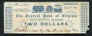 1862 $2 Two Dollars The Central Bank Of Virginia Staunton,  Va Obsolete (c)