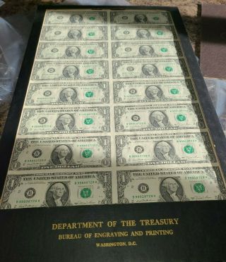 Uncut Sheet Of 16 1981 $1 Dollar U.  S.  Federal Reserve Note Bills In Display.  Nr