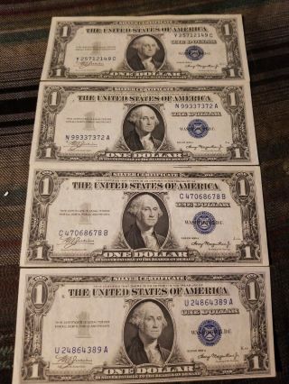 1935 A $1 Silver Certificate Blue Seal 4 Crisp Bills But Shows Slight Creasing