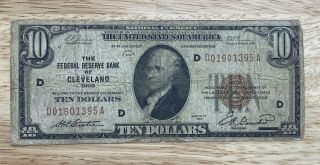 1929 Ten Dollar $10 Bill National Currency,  Cleveland,