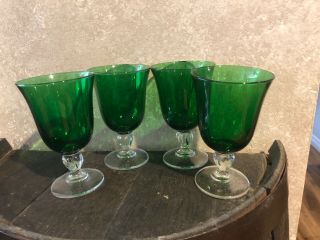 4 Hand Blown Wine Goblet Emerald Green Bowl Clear Glass Stem 12 Oz