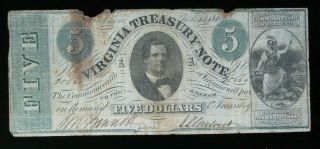 1862 $5 Virginia Treasury Note Richmond Virginia United States Obsolete Note