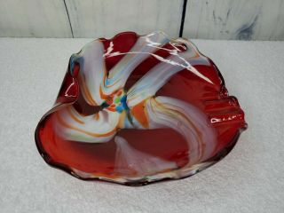 Vintage Estate Mid Century Modern Red And White Art Glass Swirl Ashtray Dish
