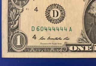 2013 Series Fancy Serial Numbers Six Straight 4s One Dollar $1 D60 444444 A