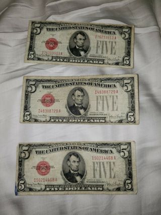 1928 - F - $5 Dollar Bills (3) - Red Seal - Legal Tender - Us Note - Old Us Money
