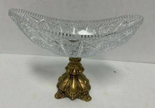 Vintage Cut Crystal Candy Bowl Compote Dish W Brass Bronze Metal Footed Pedestal