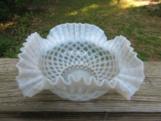 Vintage Fenton Bluish White Opalescent Hobnail Ruffled Edge Art Glass Bowl 9 "