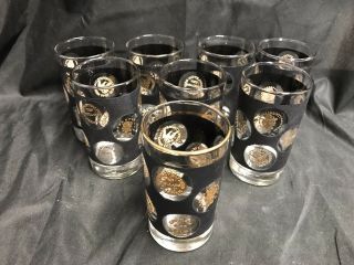 Set Of 8 Vintage Libbey 12 Oz Glass Tumblers Black & Gold Coin 5 " Tall