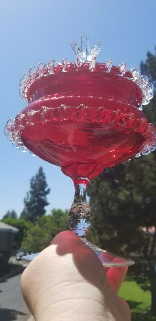 Red Empoli Glass Apothecary Jar Applied Ruffle Edge Italian Italy Compote