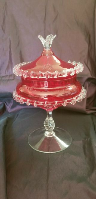Red Empoli Glass Apothecary Jar Applied Ruffle Edge Italian Italy Compote 2