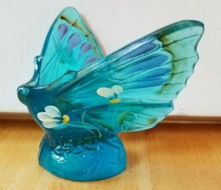 Fenton Art Glass Turquoise Blue Hand Painted Butterfly Figurine Lenox Signed