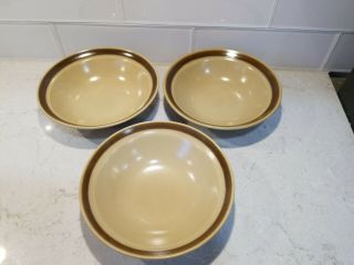 3 Vintage Hearthside Hand Painted Stoneware Japan 6 &3/4 " Brown Soup Bowl W Trim