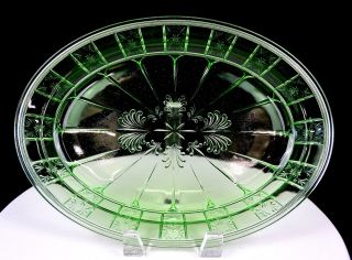 Jeannette Doric Green Depression Era Vaseline Glass 12 " Oval Platter 1935 - 1938