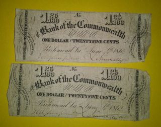 1862 Bank Of The Commonwealth $1.  25 Notes.  S&h