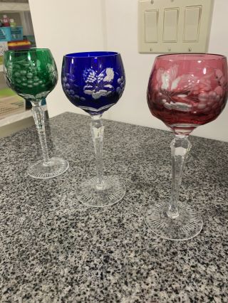 3 Bohemian Style Cut Glass Multi Colored Collectible Wine Glasses