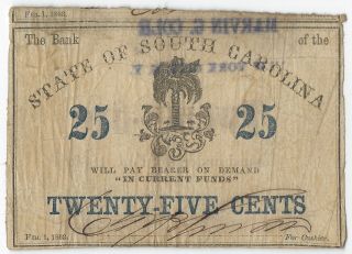 25c 1863 State Of South Carolina Obsolete Bank Note
