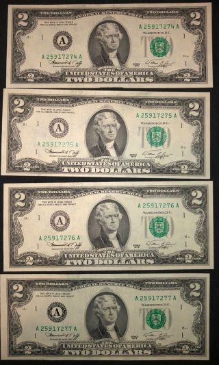 4 Consecutive 1976 Uncirculated Two Dollar Bills - Four Sequential $2 1976 Notes