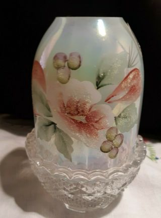 4 And 3/4 Inch Fenton Hand - Painted Opalescent Fairy Lamp With Sparkles