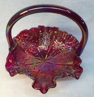 Fenton Art Glass Ruby Red Carnival Peacock And Dahlia Crimped Basket