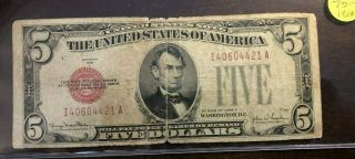 1928 F - 5 Dollar Us Note - Red Seal - Great Deal. .  22