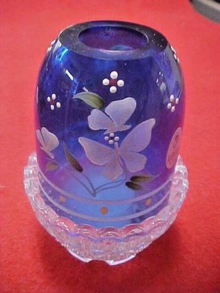 Vintage Fenton Cobalt & Clear Glass Fairy Light Hand Painted By Corkin W/box