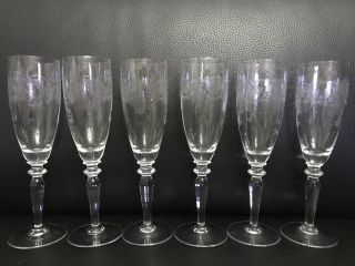 Bohemia Crystal Champagne Glasses 21cm,  Etched Set Of 6,  Vintage.