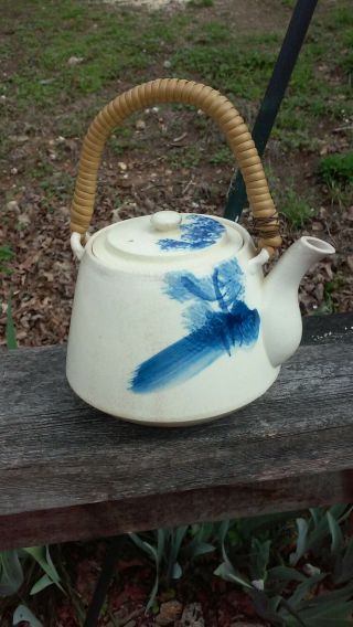Vtg Hand Made Pottery Blue & Cream Tea Pot W/rattan Handle Pagoda Primative