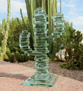 Vtg 1960s Mod Green Cut Glass Cactus Art 7 " Tall By 4 " Wide X 2 3/4 " Deep