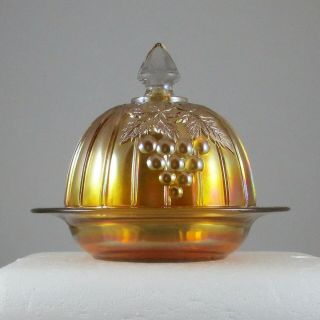 Northwood Grape & Gothic Arches Marigold Carnival Glass Butter Dish