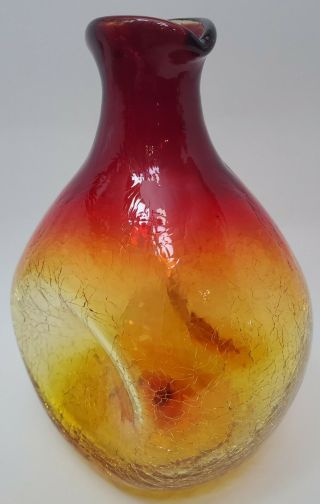 Vintage Red Orange Hand Blown Art Pinched Crackle Glass Decanter Vase Decor