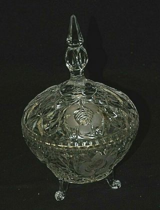 Vintage Hand Cut Lead Crystal Etched Rose 3 Footed Covered Candy Dish Compote