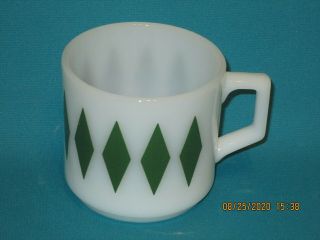 Vintage Fire King White With Green Diamonds Coffee Cup Mug Oven Ware D Handle