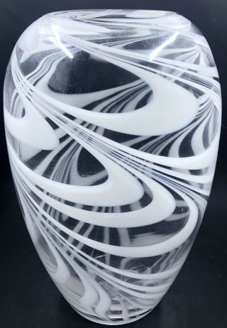Large Art Glass Vase Clear With White Swirls Hand Blown Heavy Glass 10”