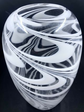 Large Art Glass Vase Clear With White Swirls Hand Blown Heavy Glass 10” 2