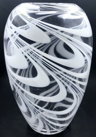 Large Art Glass Vase Clear With White Swirls Hand Blown Heavy Glass 10” 3