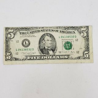 1988a $5 Dollar Bill Cut And Shift Error Note