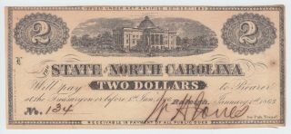 North Carolina Nc State Confederate Currency 1863 2 Dollars