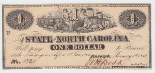 North Carolina Nc State Confederate Currency 1863 1 Dollar