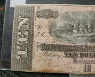 1864 $10 Ten Dollars Confederate States Of America Note Number 30 Civil War Xh