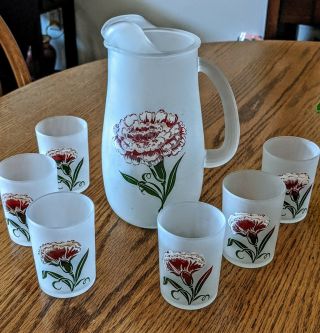 Vintage Hazel Atlas Frosted Juice Pitcher & 6 Glasses Hand Painted Carnations