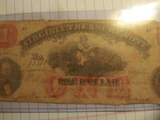 1862 Virginia Treasury note 1 dollar 2