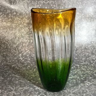 Vintage Hand Blown Glass Vase 12 " Heavy Large Amber Clear Green Ribbed Optic