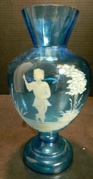 Vintage Hand Painted Mary Gregory Optic Sections Blue Glass Vase Cond