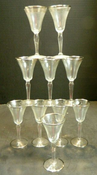 Vintage Set Of (10) Sterling Silver Ringed Overlay Sherry Glasses 5.  63 " X 2.  63 "
