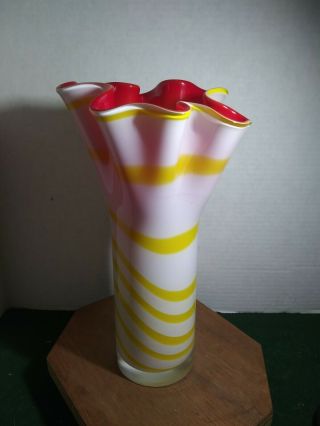 Vintage Art Glass Red,  Yellow And White Vase Ruffled Hanky Blown Large & Heavy