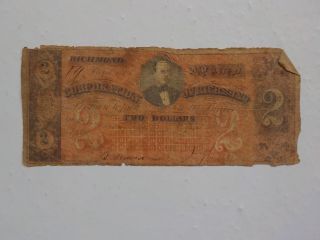 Civil War Confederate 1861 2 Dollar Bill The Corporation Of Richmond Virginia Nr