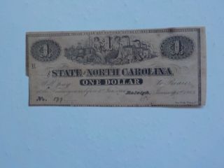 Civil War Confederate 1863 1 Dollar Bill Raleigh North Carolina Paper Money Note